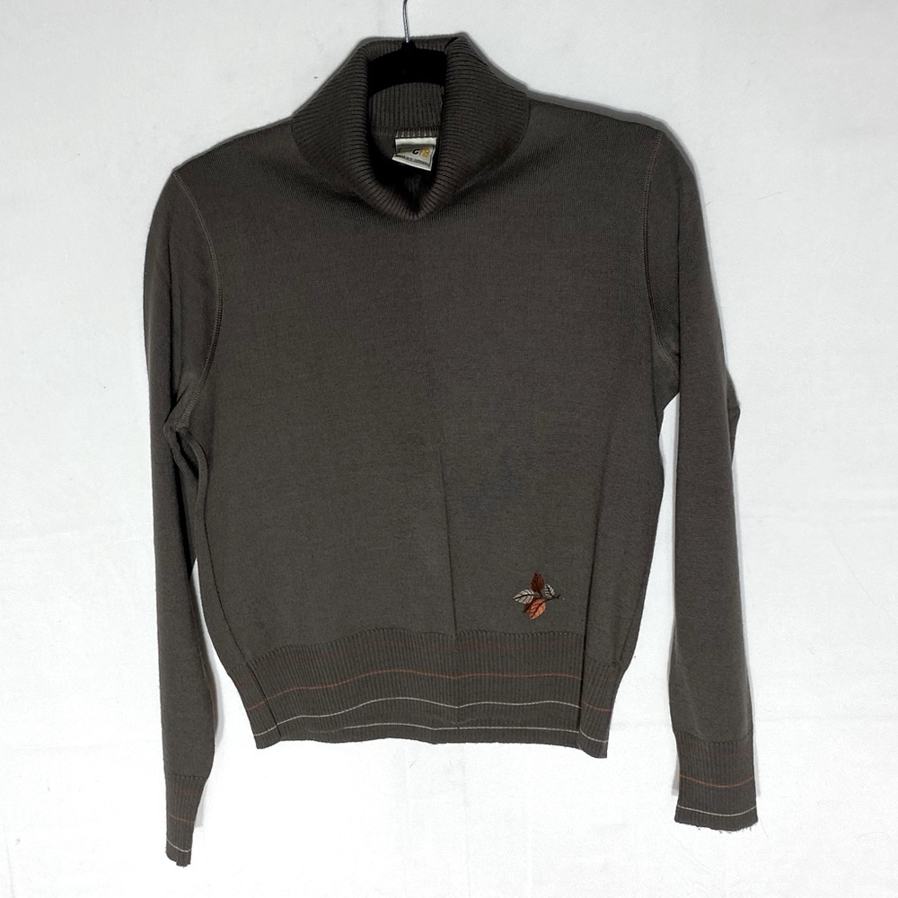 Vintage Lucia Brown Knit Leaf Embroidered Turtleneck Sweater S